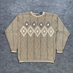 Lizwear Vintage 90s Mens Tan Diamond Knit Ramie Cotton‎ Sweater Large XL